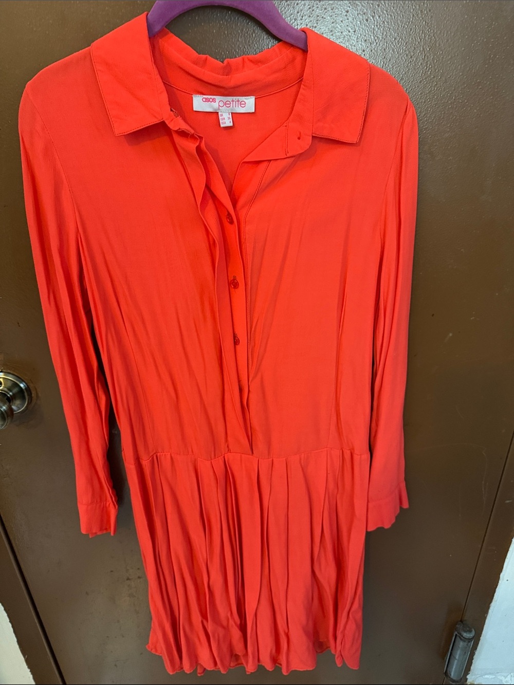 NWOT ASOS Petite Bright Red Button-Front Long Sleeve Shirt Dress- 4Petite